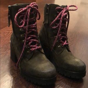 Olive green, suede, Italian combat boots.